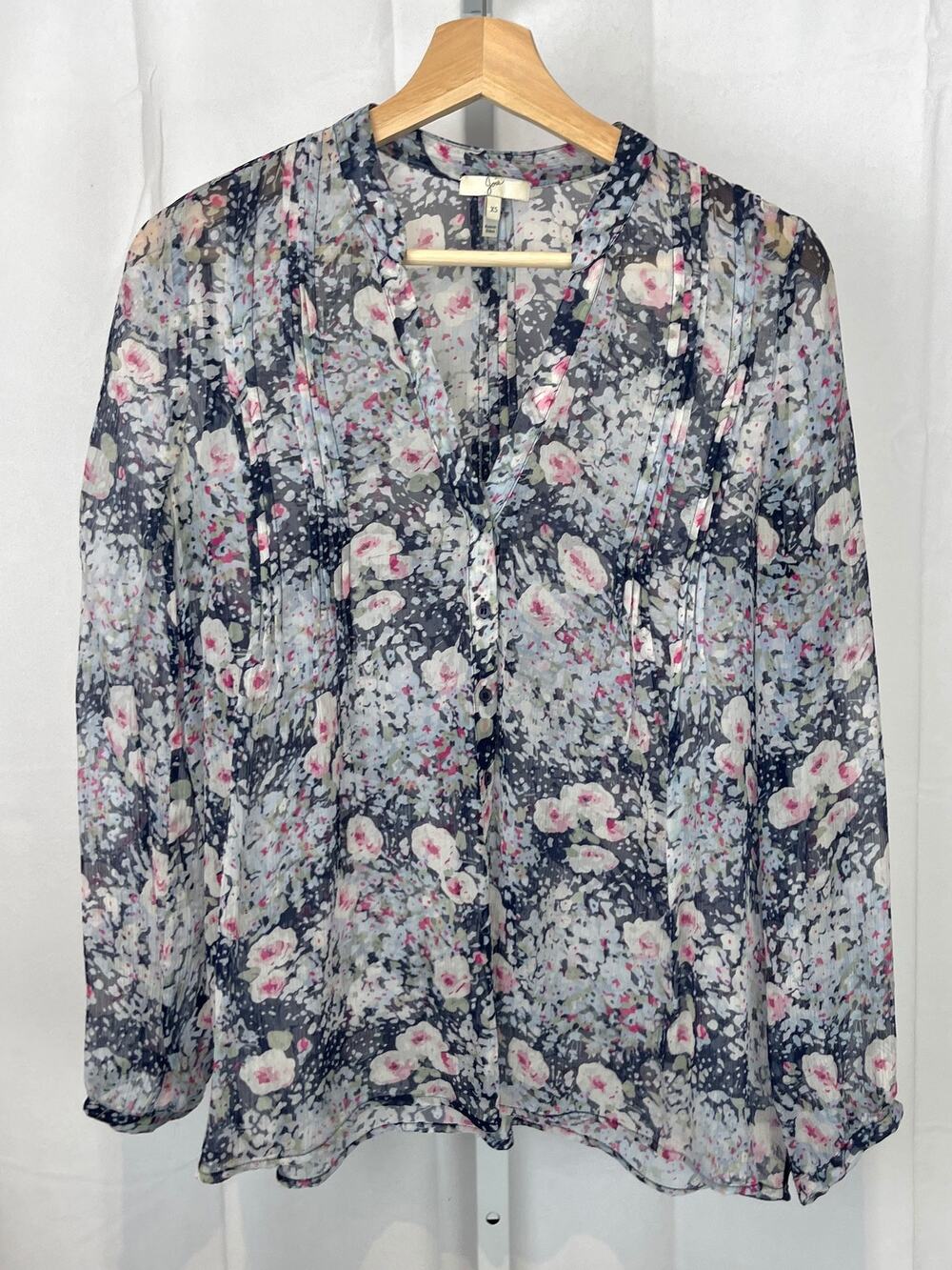 JOIE Sheer Silk Floral Button Up Top Pintuck Pleat Long Sleeve Multicolor XS